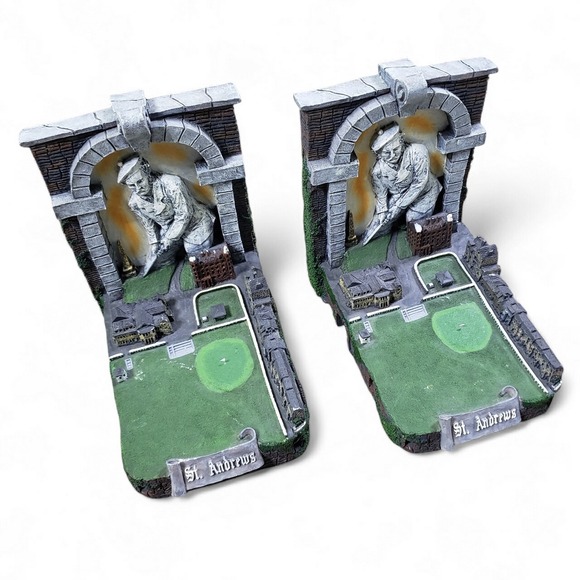 Vintage St. Andrews Golf Large Heavy Resin Bookends Pair Decorative Statue